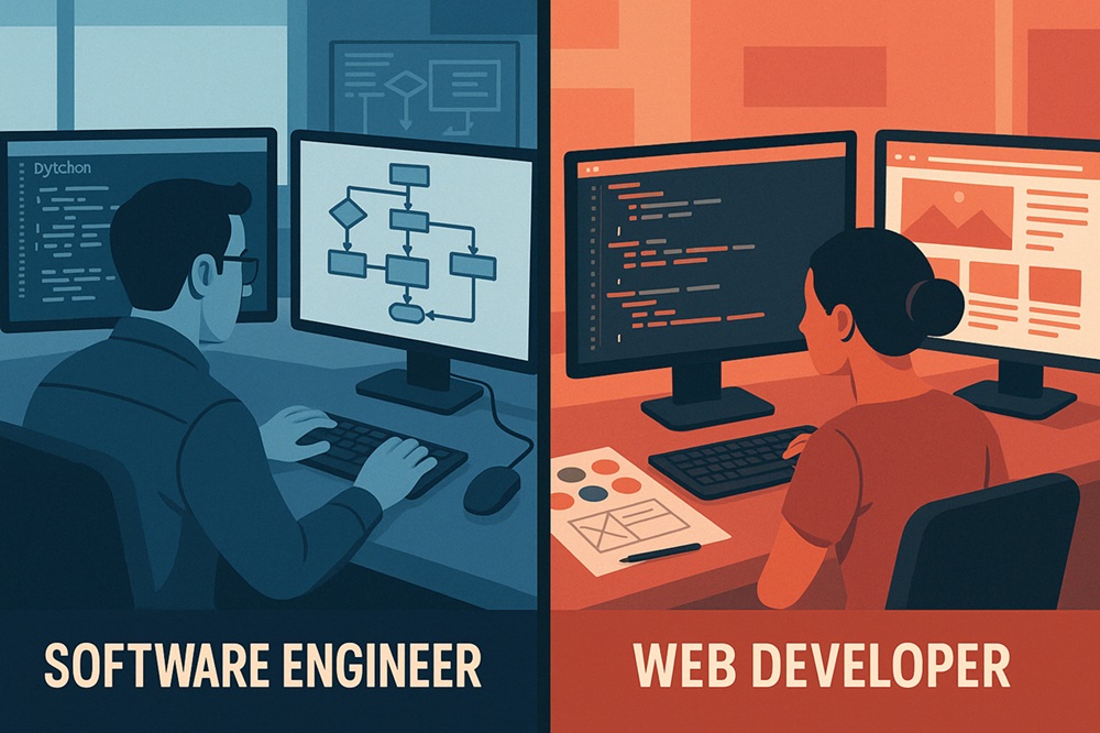 Side-by-side comparison of a software engineer working on complex system architecture and algorithms versus a web developer creating responsive website interfaces
