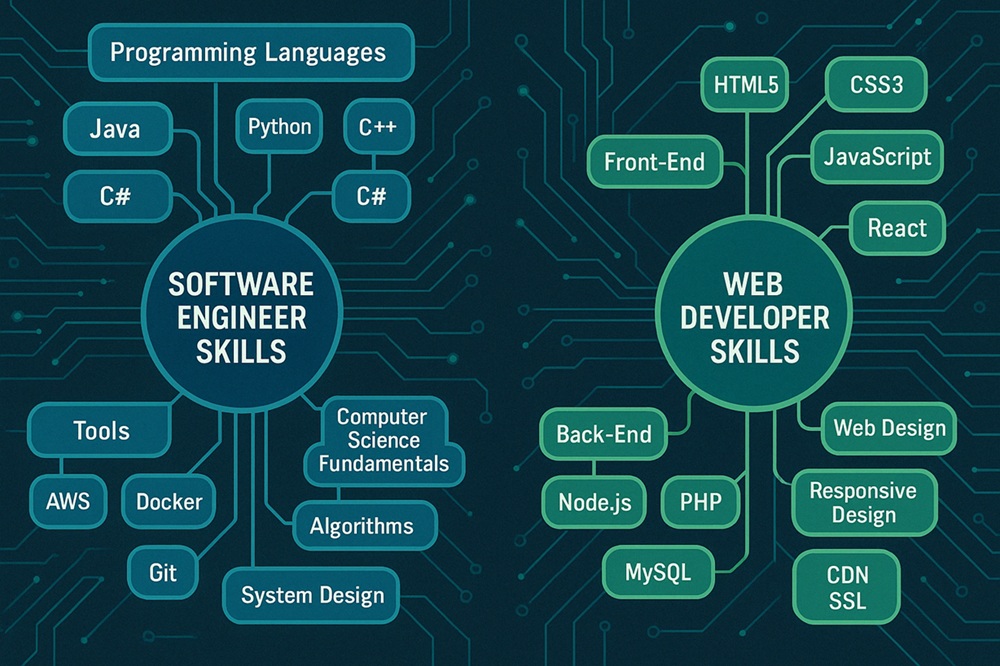 Comprehensive skill comparison infographic showing the technical requirements for software engineers versus web developers, from programming languages to specialized tools