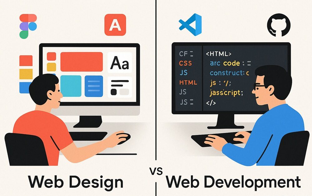 Web design vs web development comparison showing the different tools, skills and focus areas