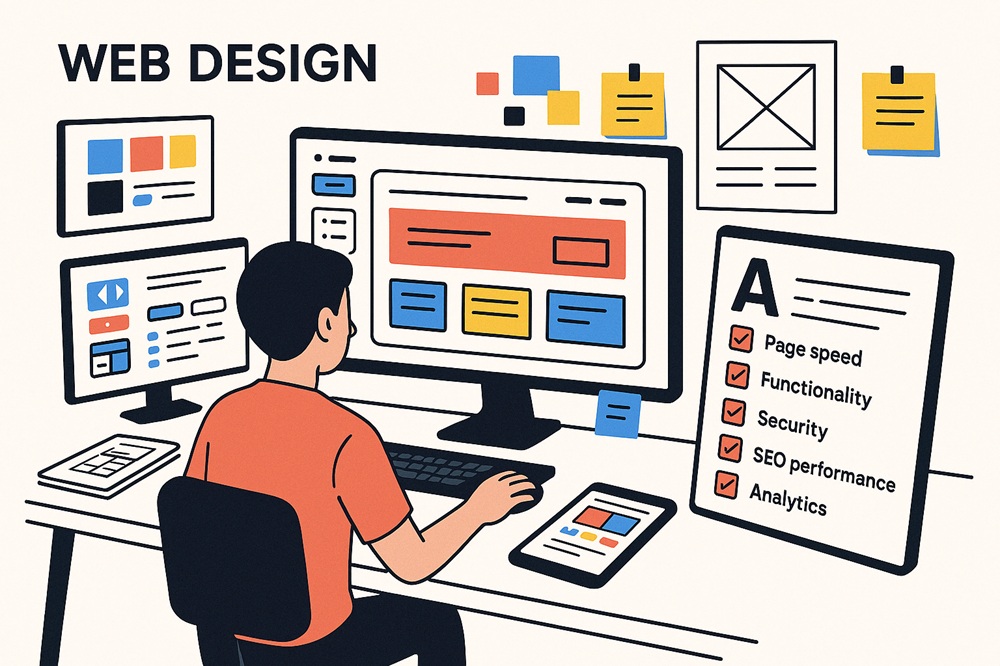 Web designer working on visual website elements including layouts, color schemes, and user interface components