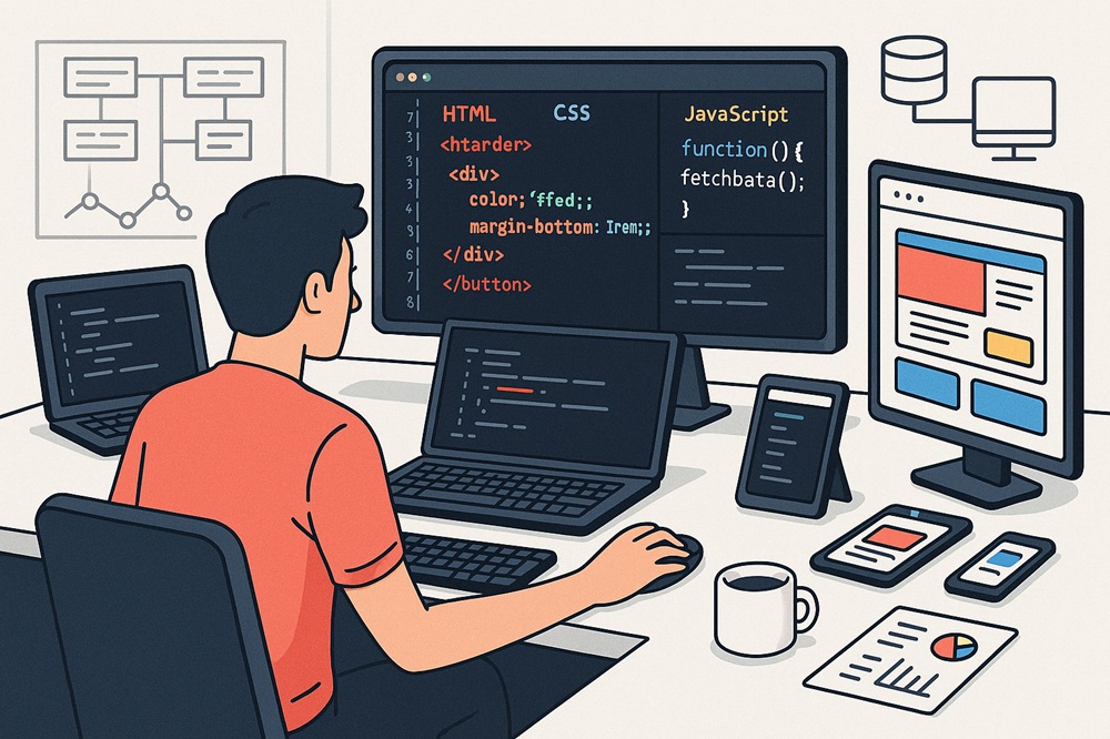 Web developer writing code and building website functionality across front-end and back-end systems