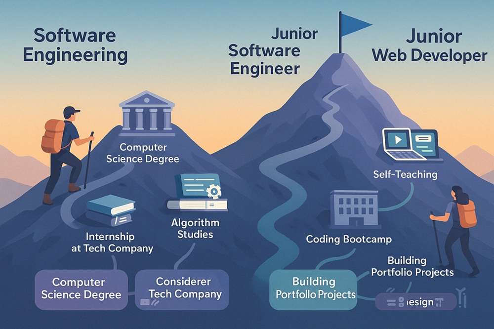 Educational pathway comparison showing the typical routes to become a software engineer through formal education versus the multiple entry paths for web developers including self-teaching and bootcamps
