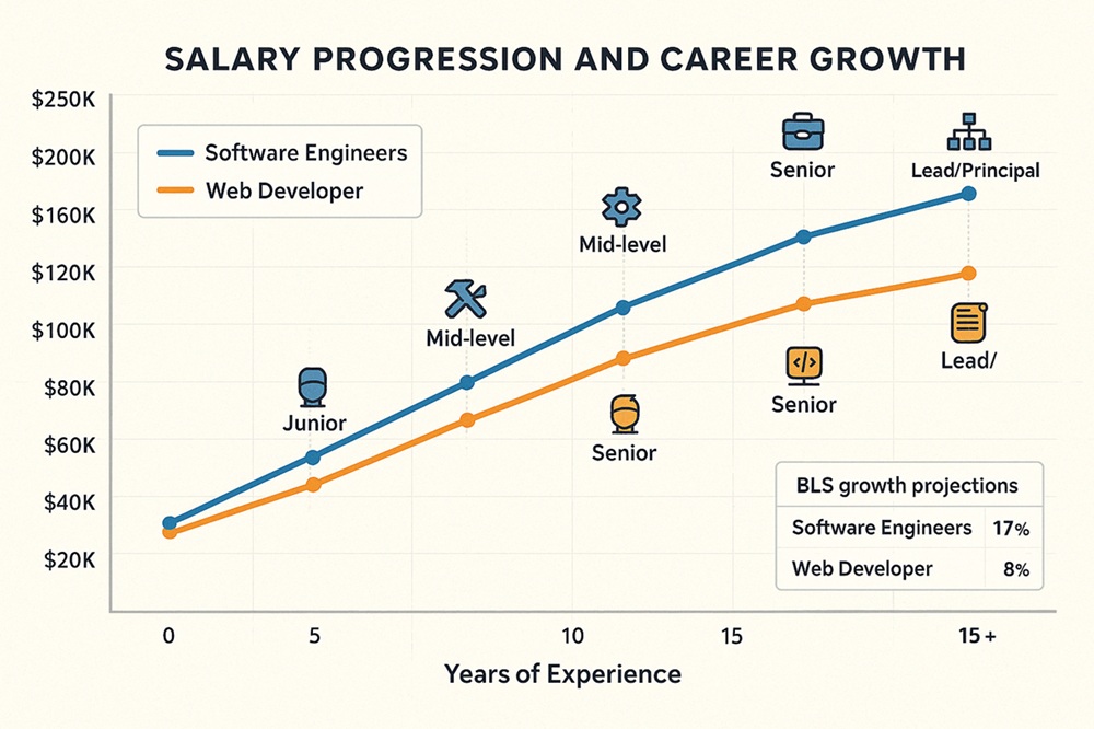 Comprehensive chart comparing salary progression and career growth for software engineers and web developers across different experience levels, showing higher earning potential for software engineers but strong growth for both paths
