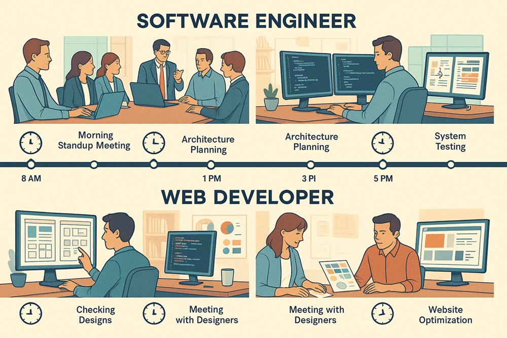 Detailed timeline comparing how software engineers and web developers spend their typical workday, from morning meetings to development activities and collaboration